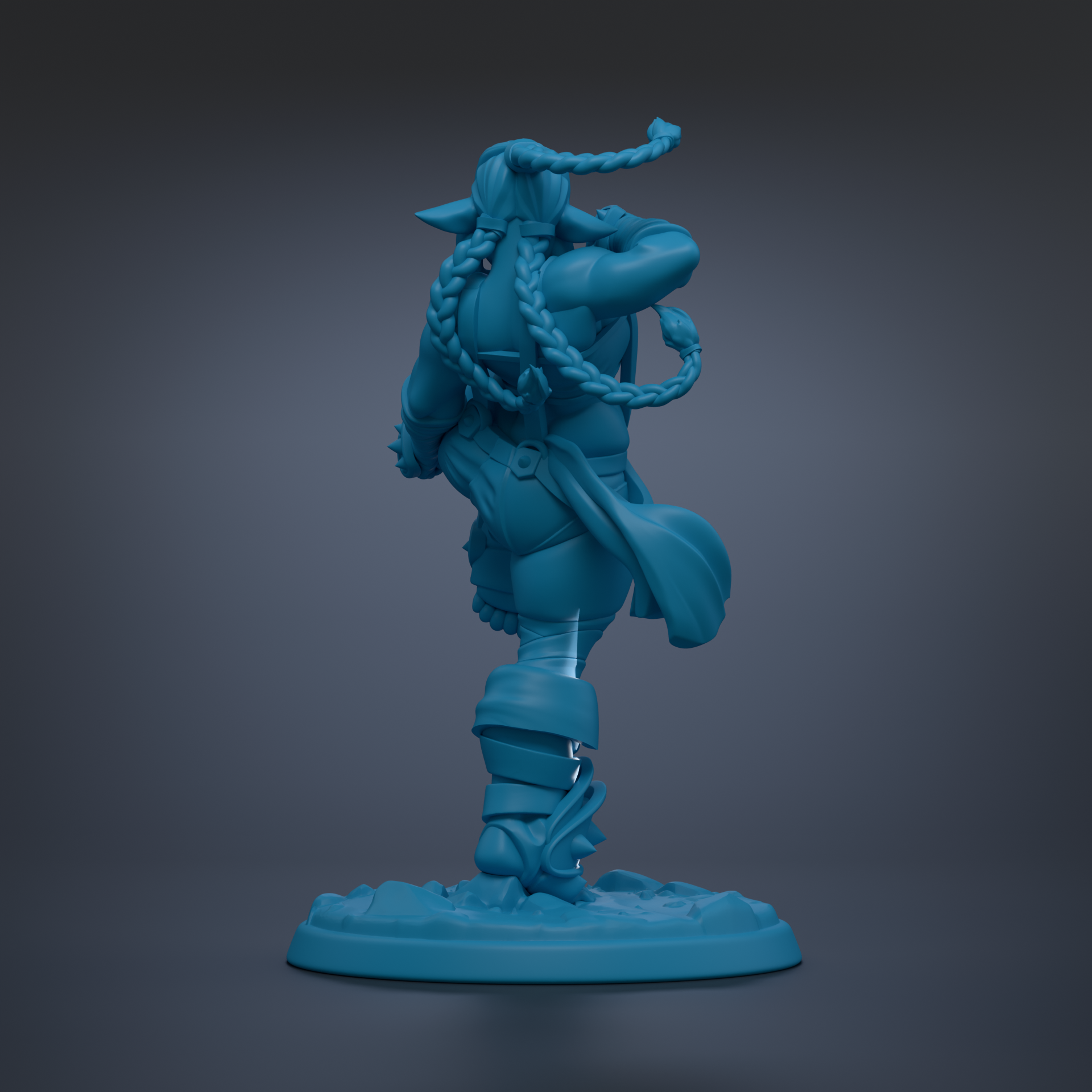 A blue 3D model of a character with braided hair and a backpack, standing on a base.