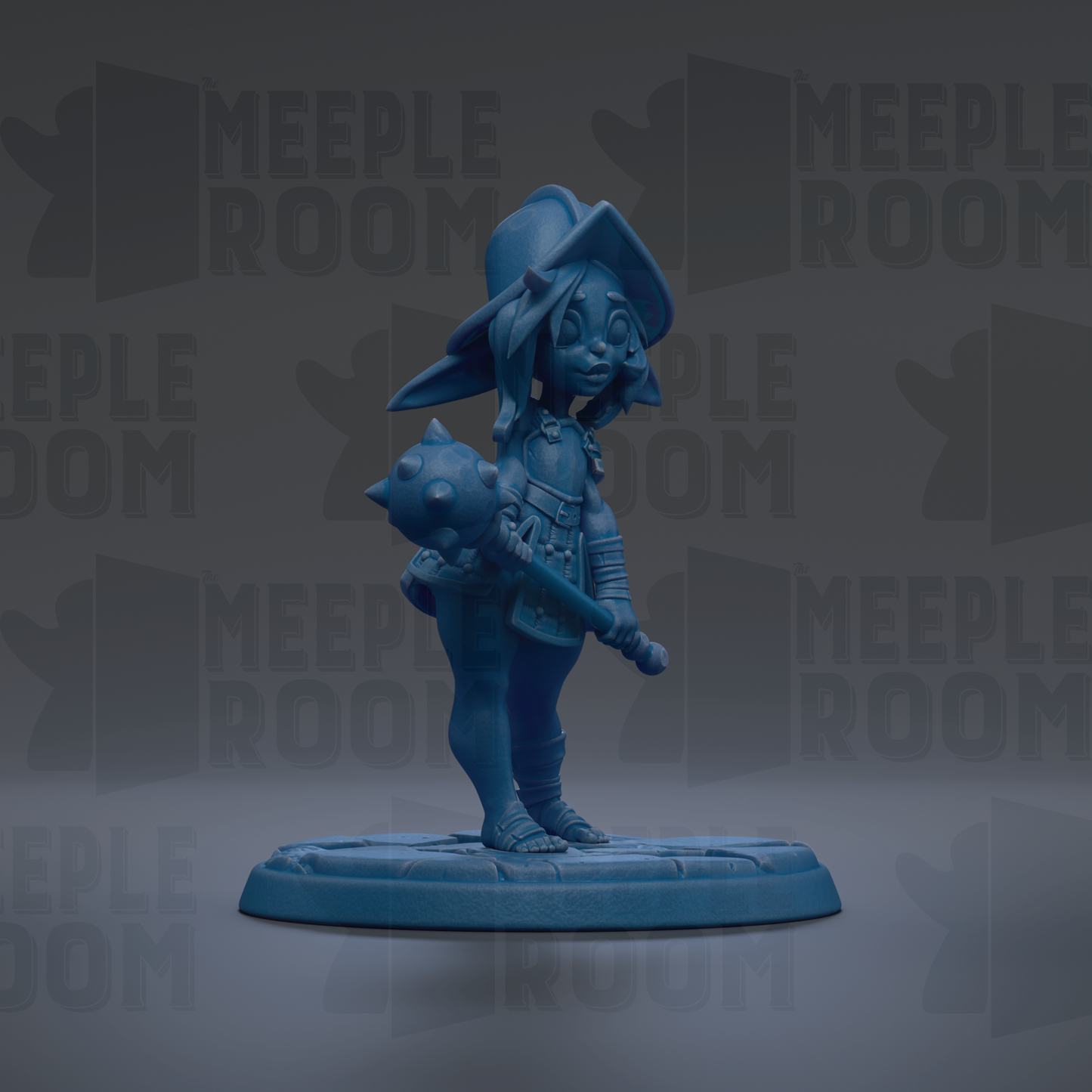A blue figurine of a character with a pointed hat and a weapon, standing on a base.