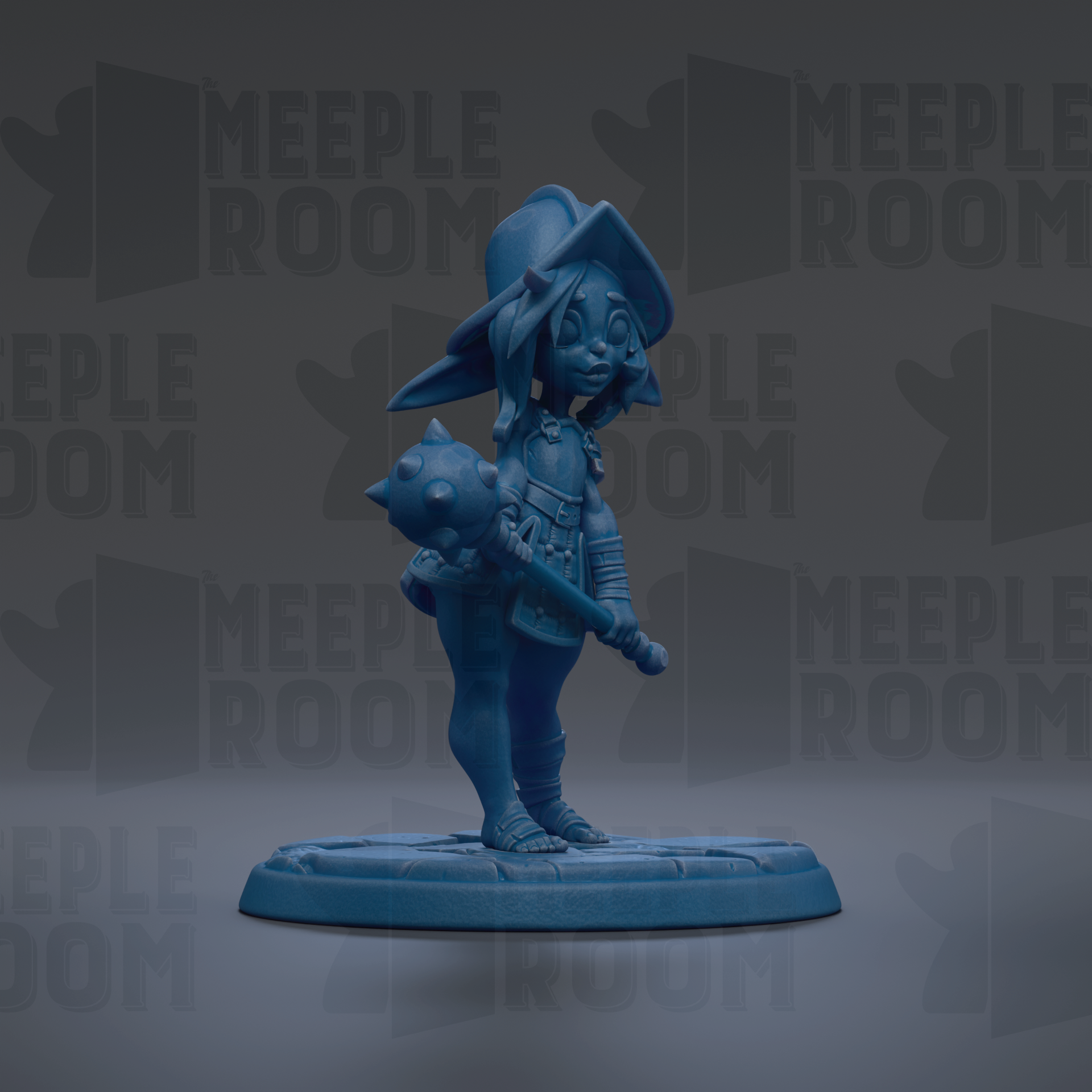 A blue figurine of a character with a pointed hat and a weapon, standing on a base.