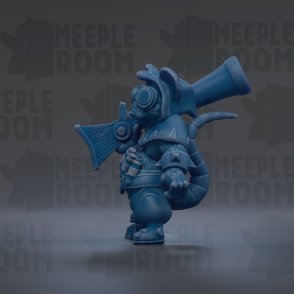 A blue 3D model of a character with a large gun, standing in a dark background with the text "MEIPLLE ROOM" repeated multiple times.
