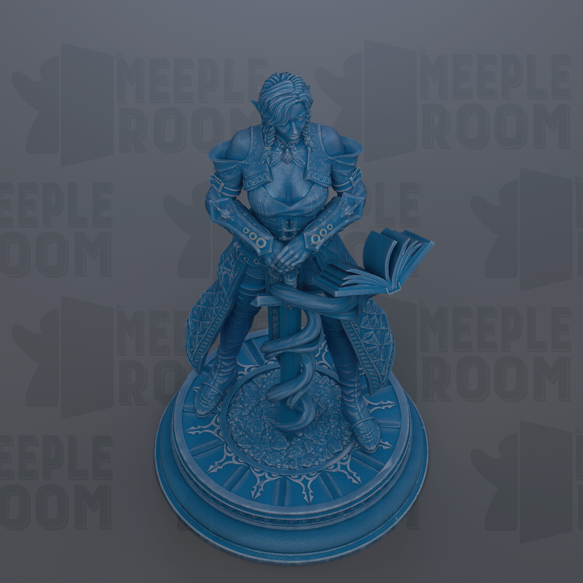 A blue statue of a woman holding a book and a sword, standing on a circular base with a decorative design.