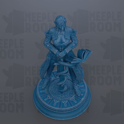 A blue statue of a woman holding a book and a sword, standing on a circular base with a decorative design.