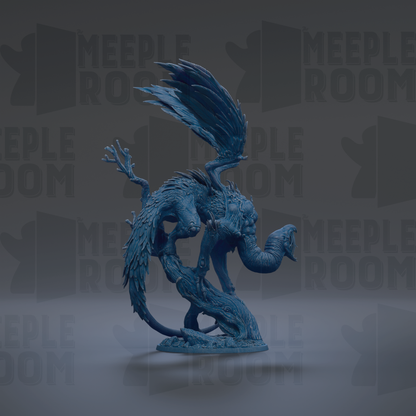 A blue, winged dragon figurine is displayed against a dark background with repeated text.