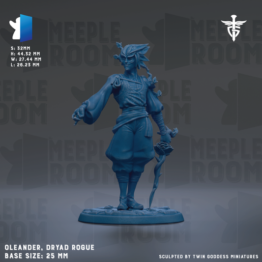 a figurine of a character named Oleander, a dryad Rogue, standing on a base. The figurine is described as a 25mm base size and is sculpted by Twin Goddess Miniatures.