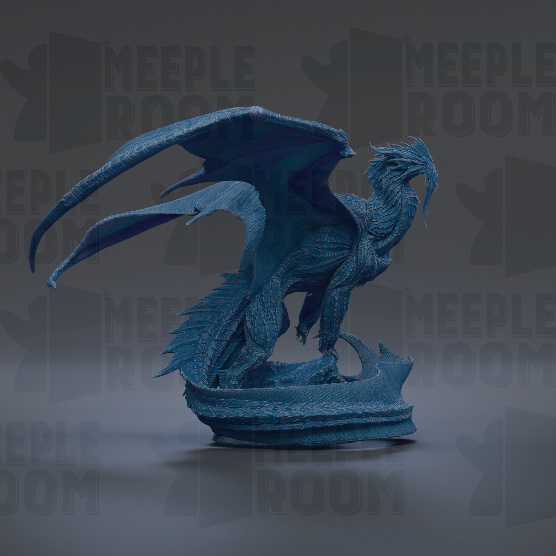 A blue dragon statue with outstretched wings, standing on a platform against a dark background.