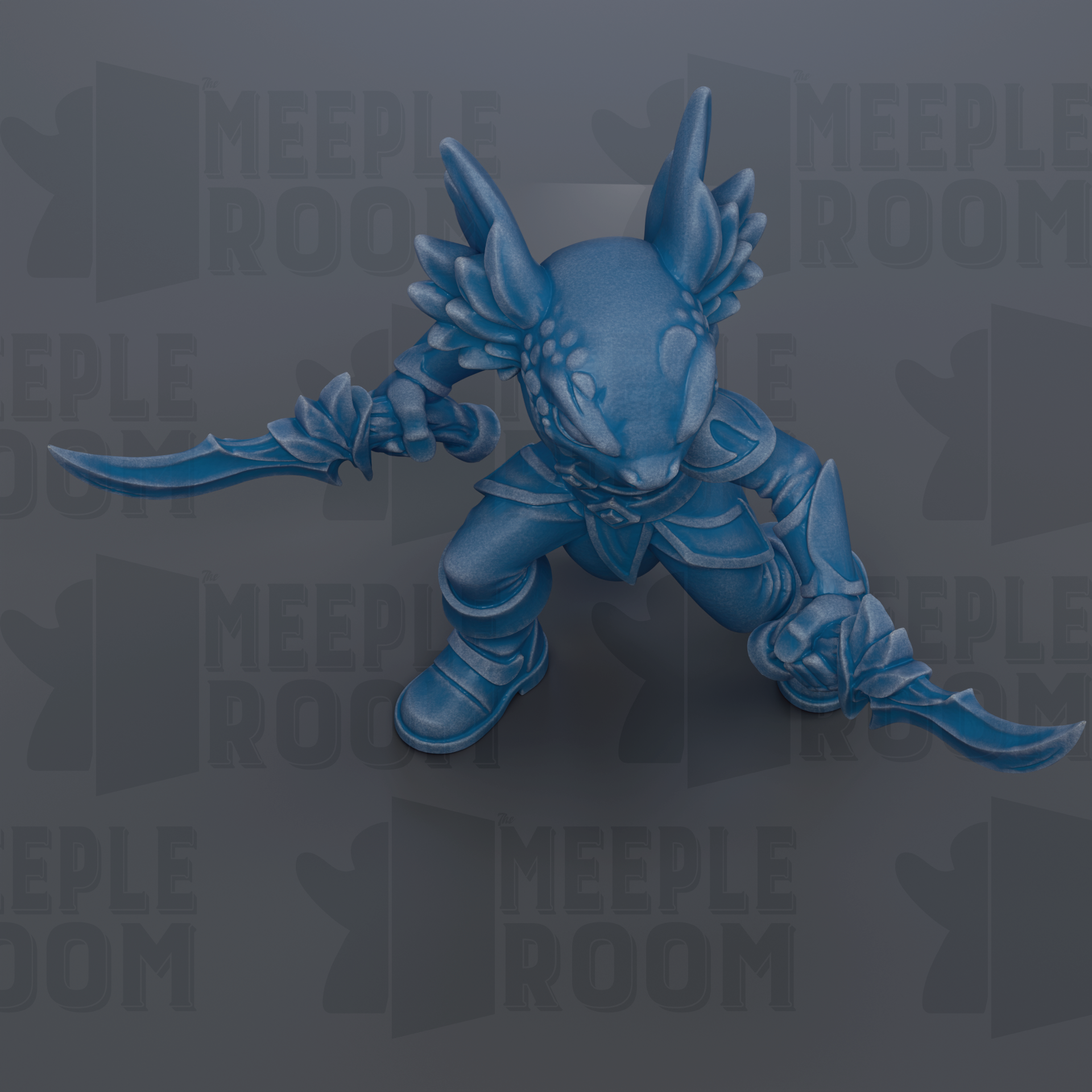 A blue, cartoonish-looking creature with wings and a pointed head, holding a sword in its right hand and a shield in its left hand, set against a dark background with repeated text.