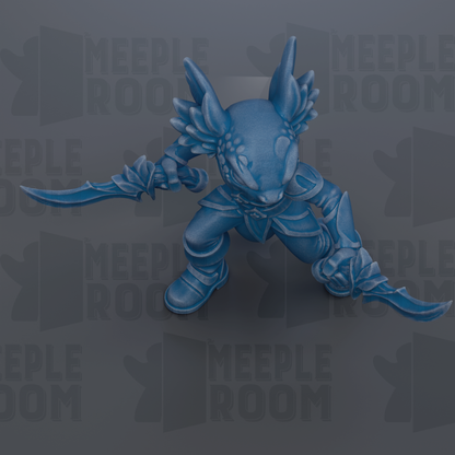 A blue, cartoonish-looking creature with wings and a pointed head, holding a sword in its right hand and a shield in its left hand, set against a dark background with repeated text.