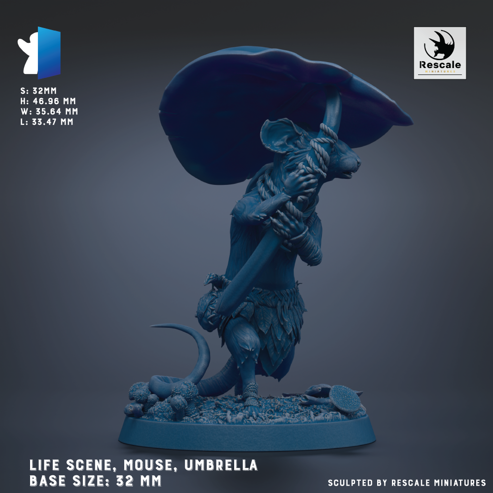 The image is a 3D model of a mouse holding an umbrella, with the mouse standing on a base. The base sizes are 32 mm. The image is a sculpture of a mouse holding an umbrella.