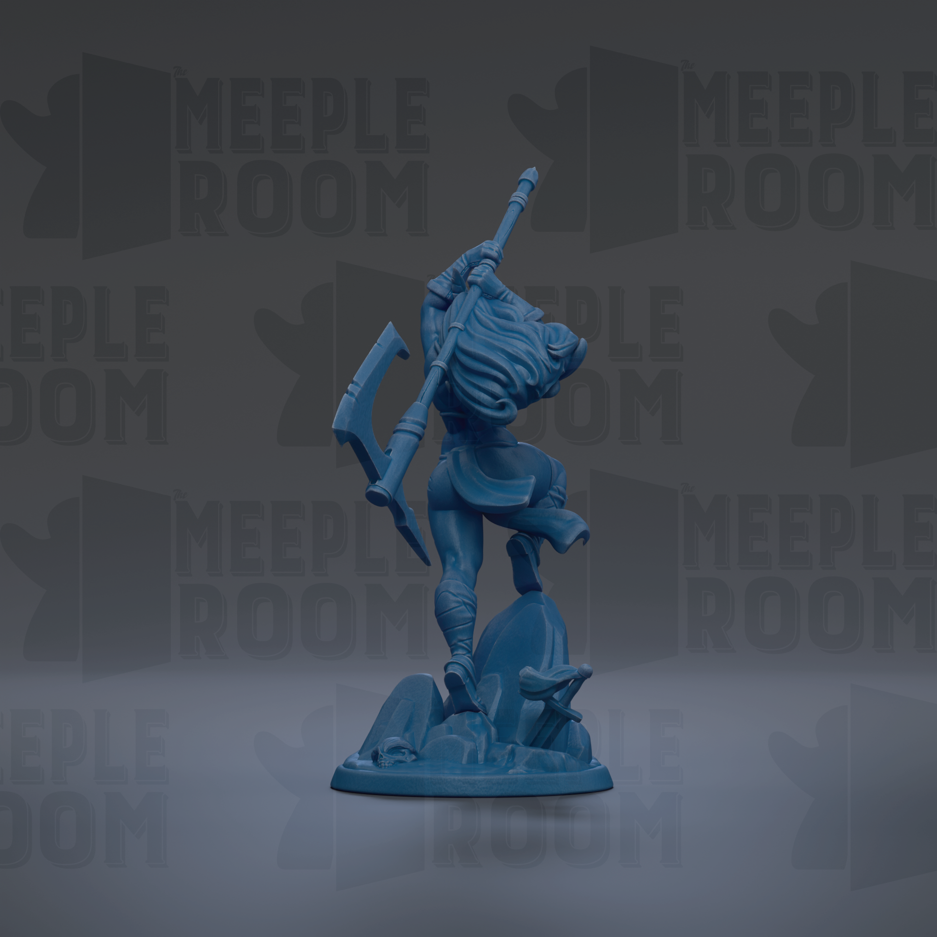 A blue figurine of a person holding a spear and standing on a rock, with the text "MEUPLE ROOM" repeated in the background.