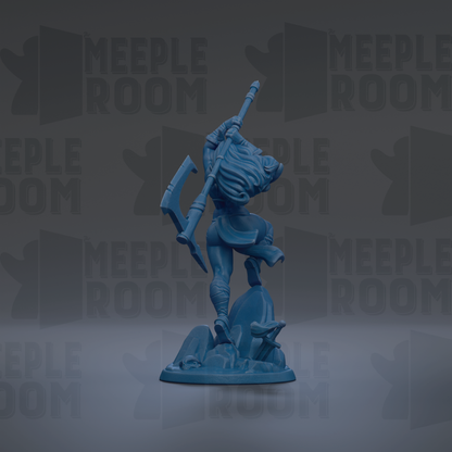A blue figurine of a person holding a spear and standing on a rock, with the text "MEUPLE ROOM" repeated in the background.