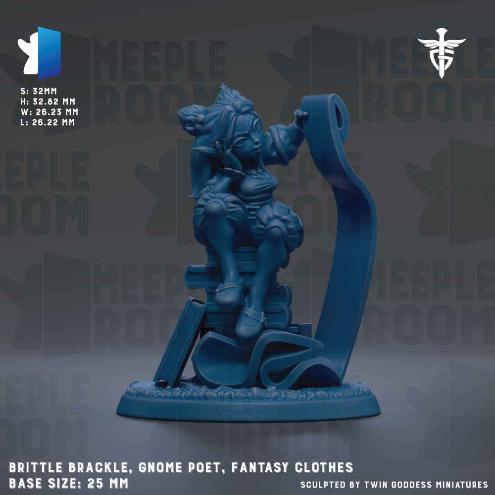 A figurine of a woman in fantasy clothes, resembling a gnome or poet, sitting on a blue base.