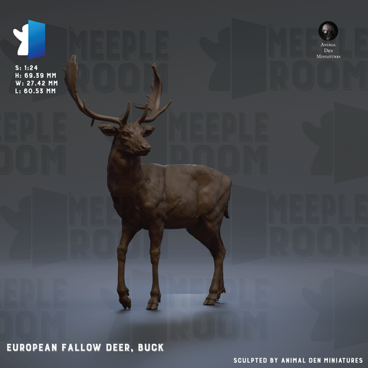 The image is a 3D rendering of a European fallow deer, specifically a Buck, which is a type of deer. The deer is standing on a gray background and has large antlers. The image is a collage of multiple images, and it is described as a sculpture by Animal Den miniatures.