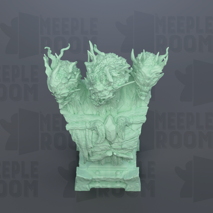 A green, sculpted statue of a dragon-like creature with three heads, set against a dark background with repeated text.