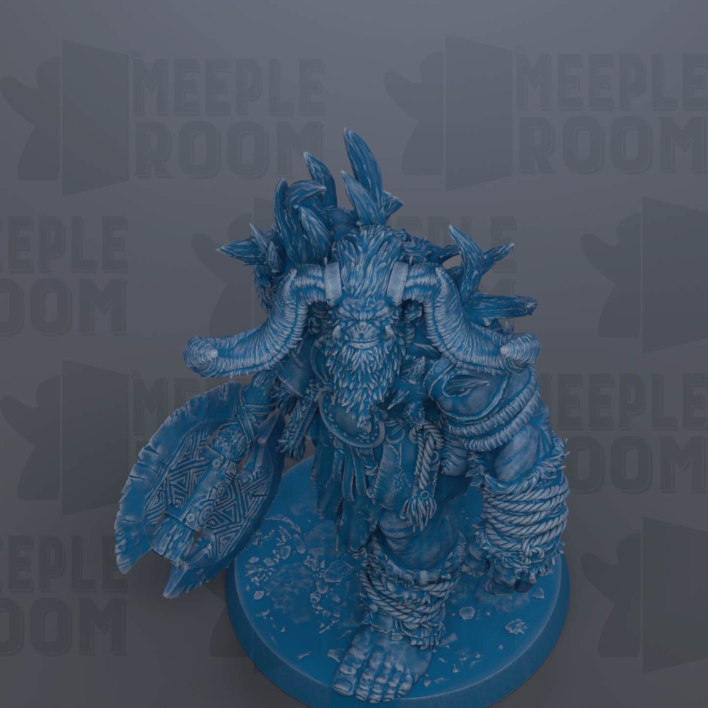 A detailed 3D rendering of a blue, fantastical creature with horns and a beard, holding a weapon and standing on a platform.