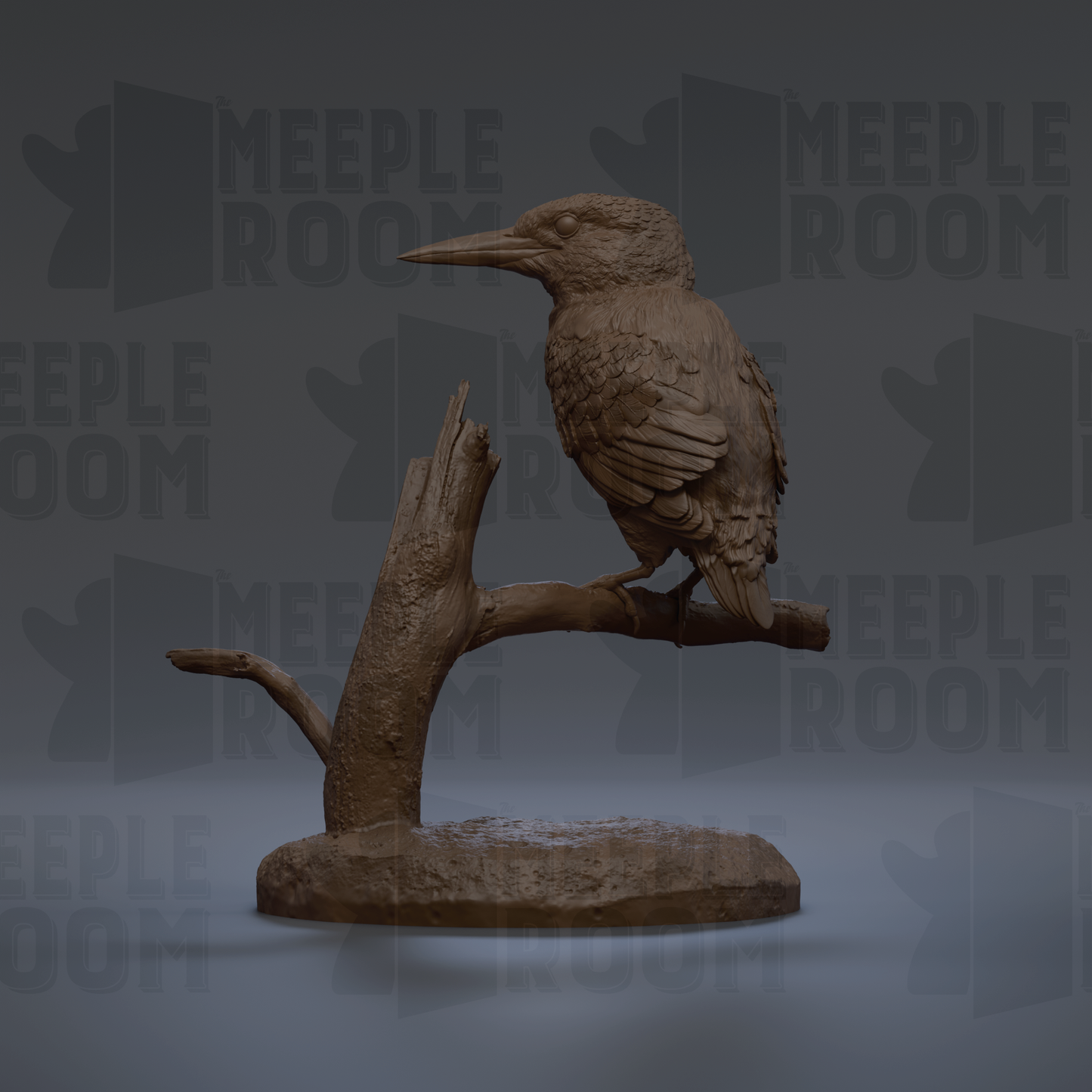 A 3D rendering of a bird perched on a branch, with the text "MEUPLE ROOM" visible in the background.