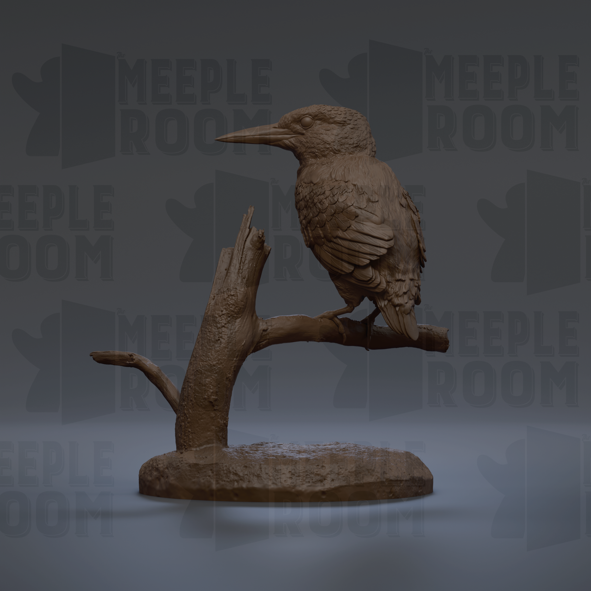 A 3D rendering of a bird perched on a branch, with the text "MEUPLE ROOM" visible in the background.