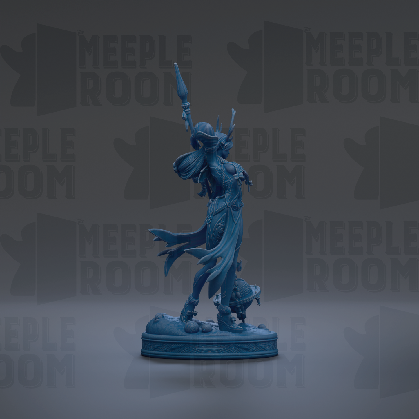 A blue statue of a figure with a sword and shield stands on a pedestal against a dark background with repeated "MEIPLE ROOM" text.