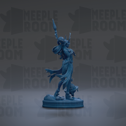 A blue statue of a figure with a sword and shield stands on a pedestal against a dark background with repeated "MEIPLE ROOM" text.