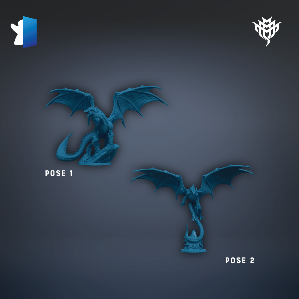 two blue dragon statues, each in a different pose, with the text "POSE 1" and "POSE 2" indicating the pose of each dragon.