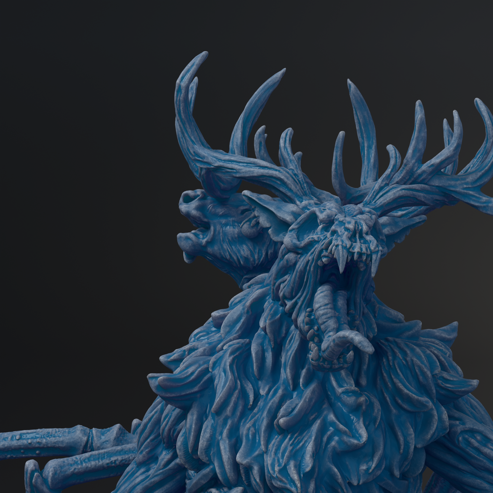 A close-up view of a blue, fantastical creature with large antlers and a fierce expression, set against a dark background.