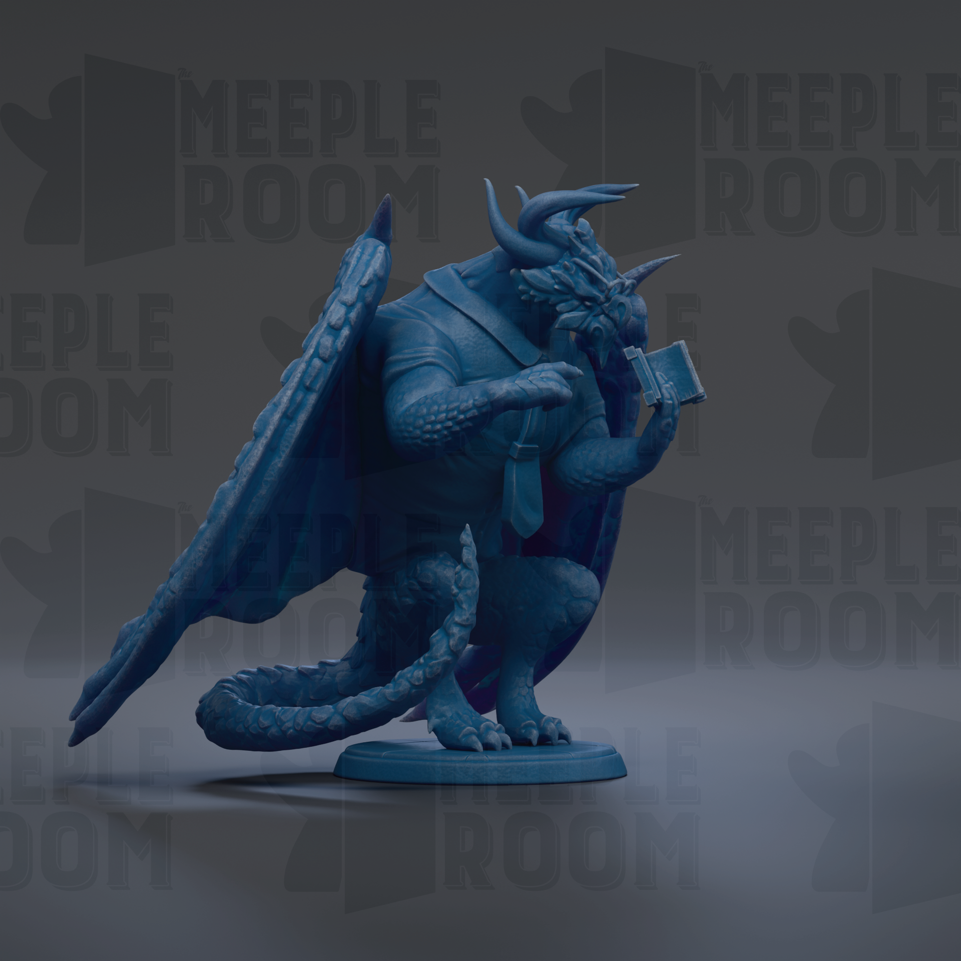 A blue dragon figurine holding a book and standing on a base.