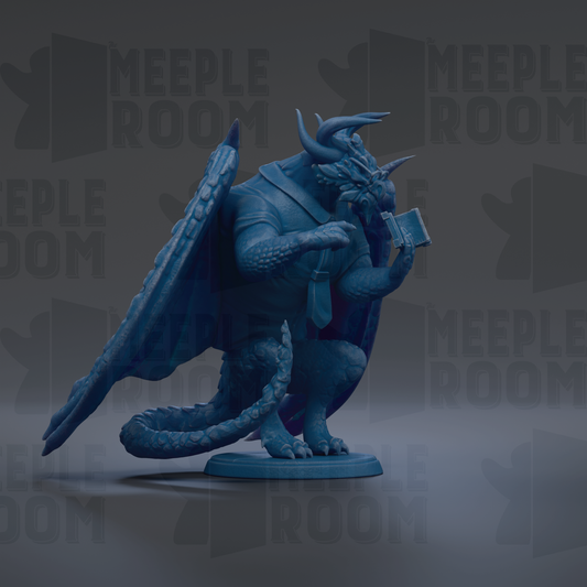 A blue dragon figurine holding a book and standing on a base.