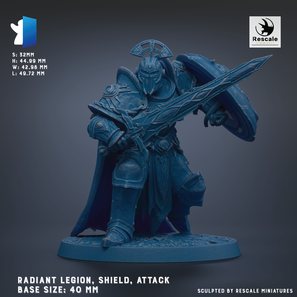 a detailed, blue-colored model of a radiant legion, shield, and attack base. The base sizes are 40 mm. The model is crafted by Rescue Miniatures.