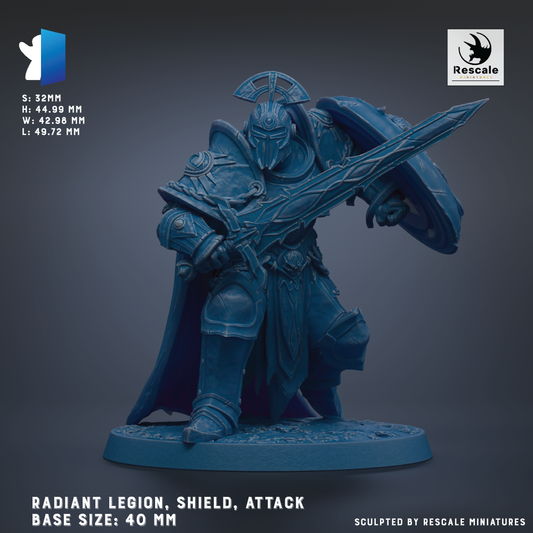 a detailed, blue-colored model of a radiant legion, shield, and attack base. The base sizes are 40 mm. The model is crafted by Rescue Miniatures.