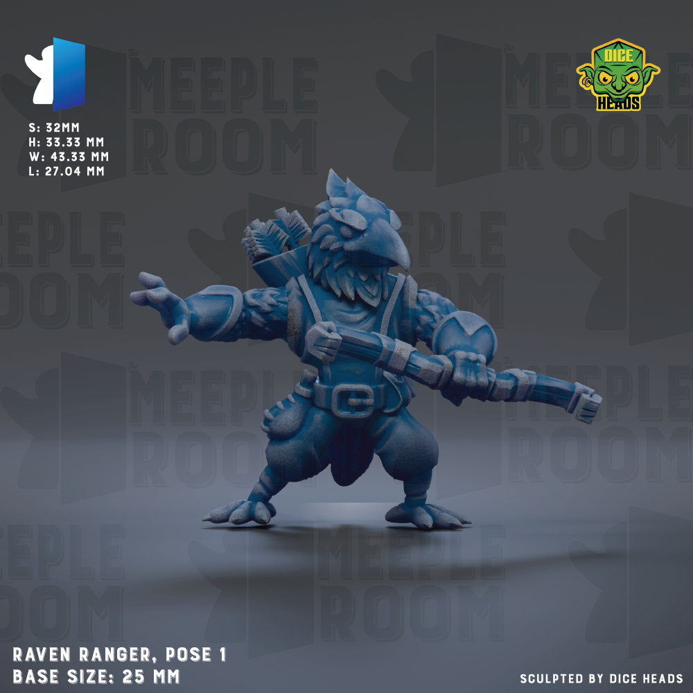 The image is a 3D rendering of a character, specifically a Raven Ranger, posed in a dynamic standing position. The character is depicted in a blue and gray color scheme, with a large weapon in its hand. The background of the image is dark gray, providing a stark contrast to the character. The image is described as a "base size: 25mm" and is "sculpted by dice heads".