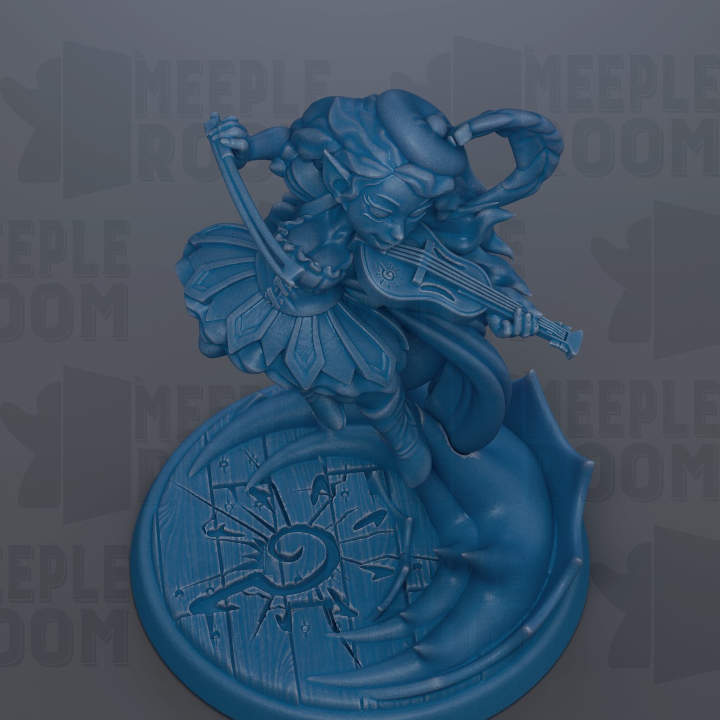 A blue figurine of a female character playing a musical instrument, such as a violin or flute, is depicted in the image.
