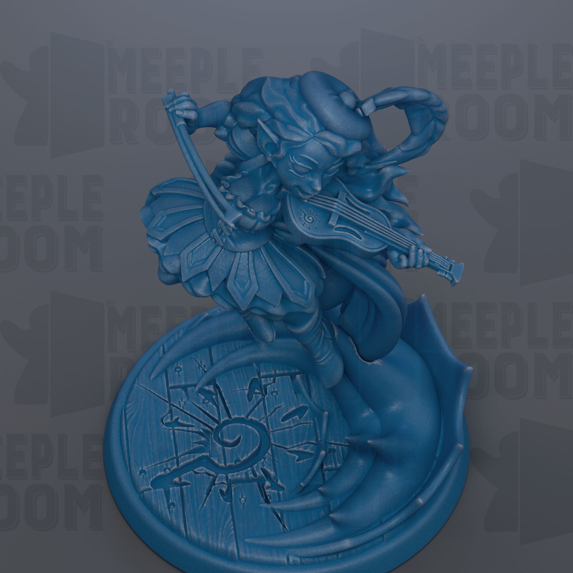 A blue figurine of a female character playing a musical instrument, such as a violin or flute, is depicted in the image.