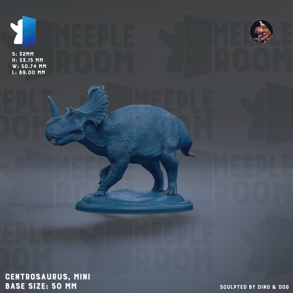 A blue ceramic figurine of a Centrosaurus, a small dinosaur-like creature, is displayed on a blue base. The figurine is described as a "Mini" and has a base size of 50 millimeters. The image is a collage of various images, and it is not a single image but a collection of images.