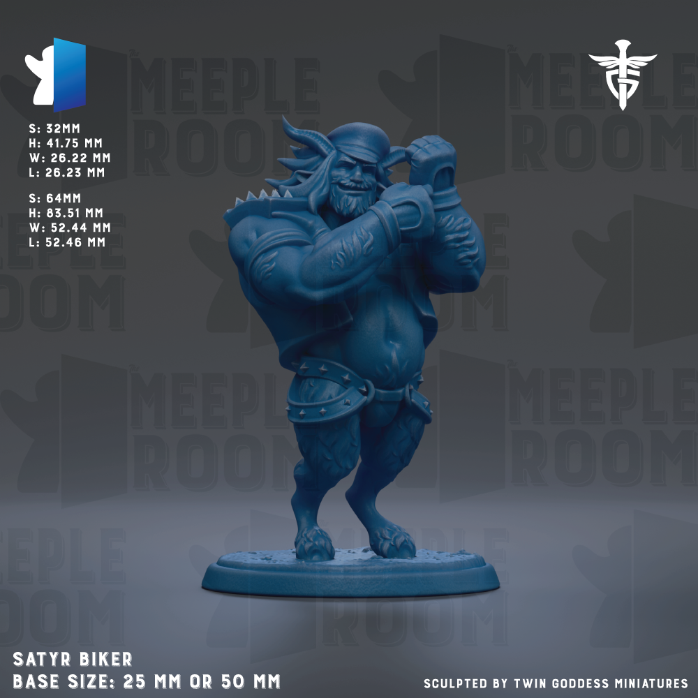 A blue figurine of a muscular, armored figure with horns and a beard, standing on a base. The figurine appears to be a biker or warrior character.
