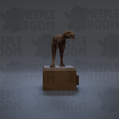 A 3D rendering of a dinosaur statue standing on a rectangular platform against a dark background with repeated text.
