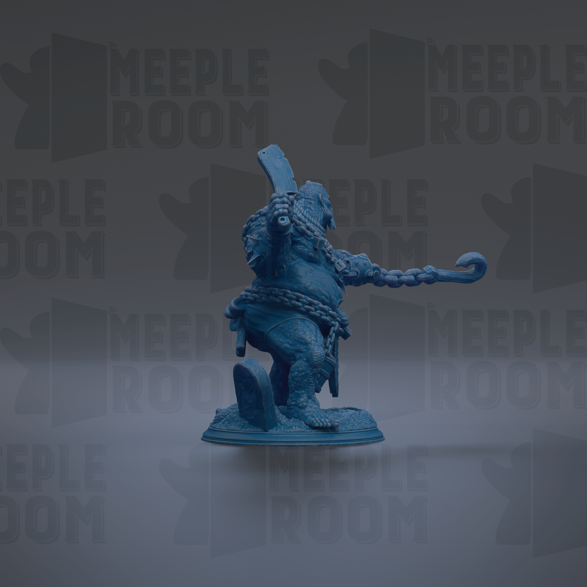 A blue figurine of a person holding a weapon and standing on a platform against a dark background with repeated text.