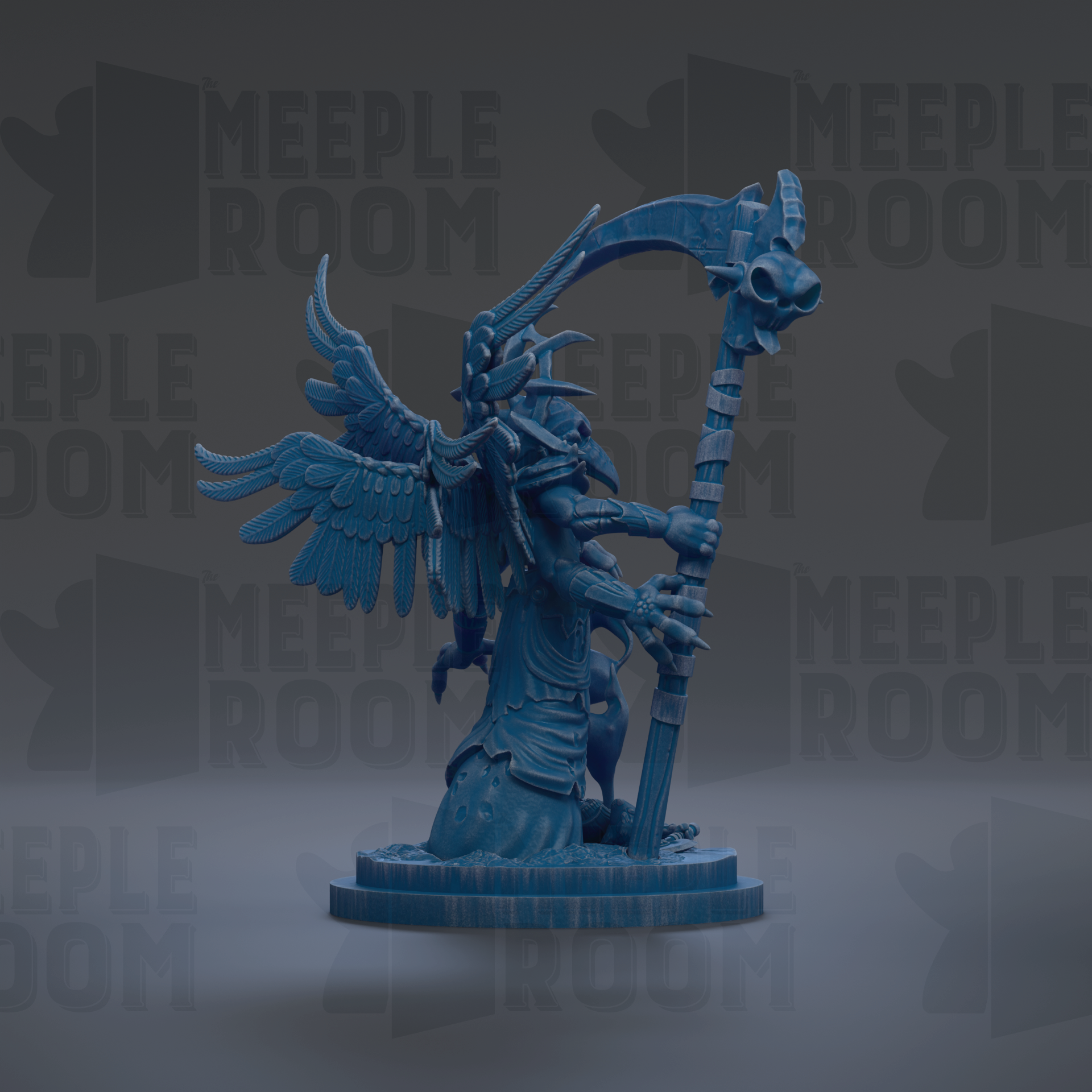A blue, winged figurine with a staff and a skull-like object is displayed against a dark background with repeated text.