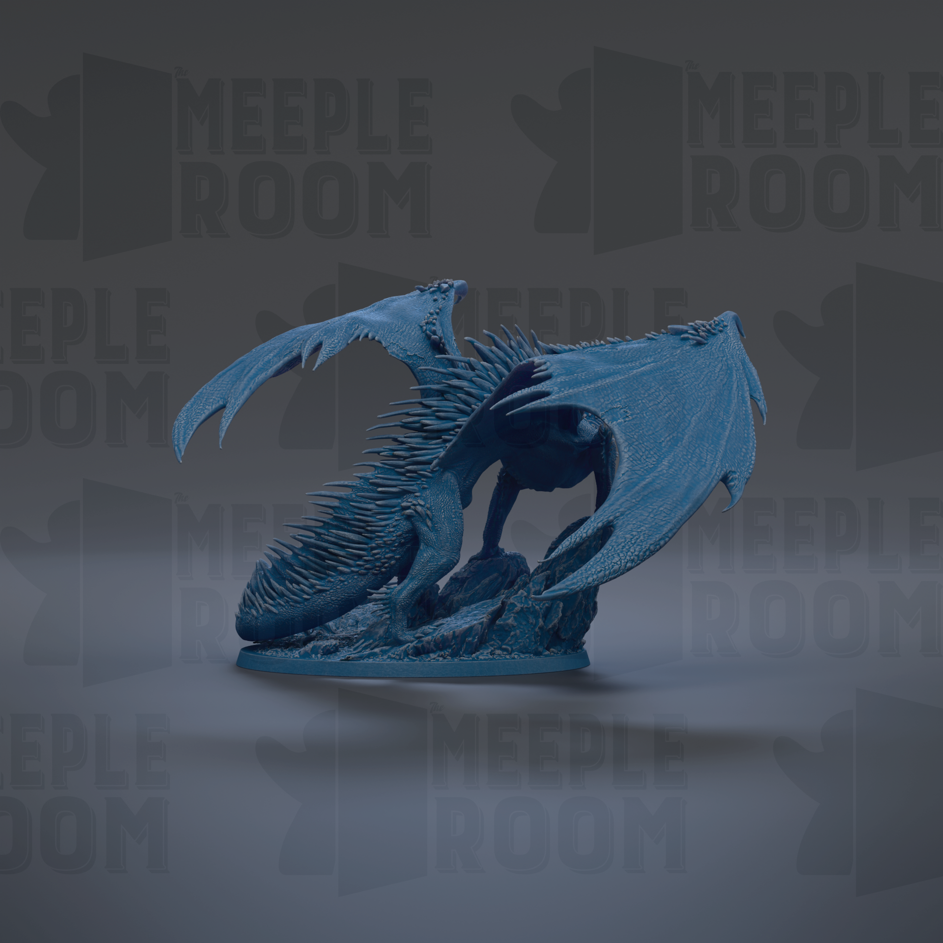 A blue dragon figurine is shown against a dark background with repeated text.