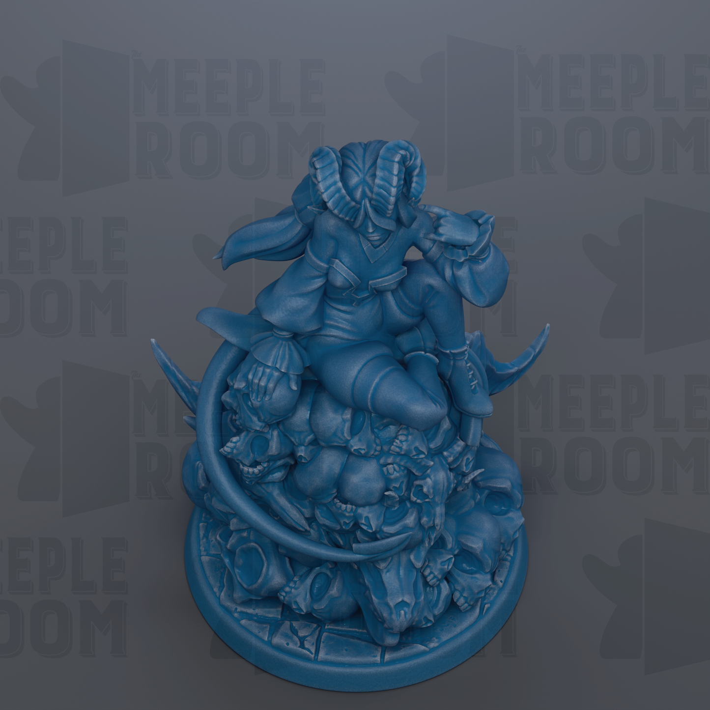 A blue figurine of a character with horns and a flowing robe, sitting on a pile of skulls and bones, against a dark background with repeated text.