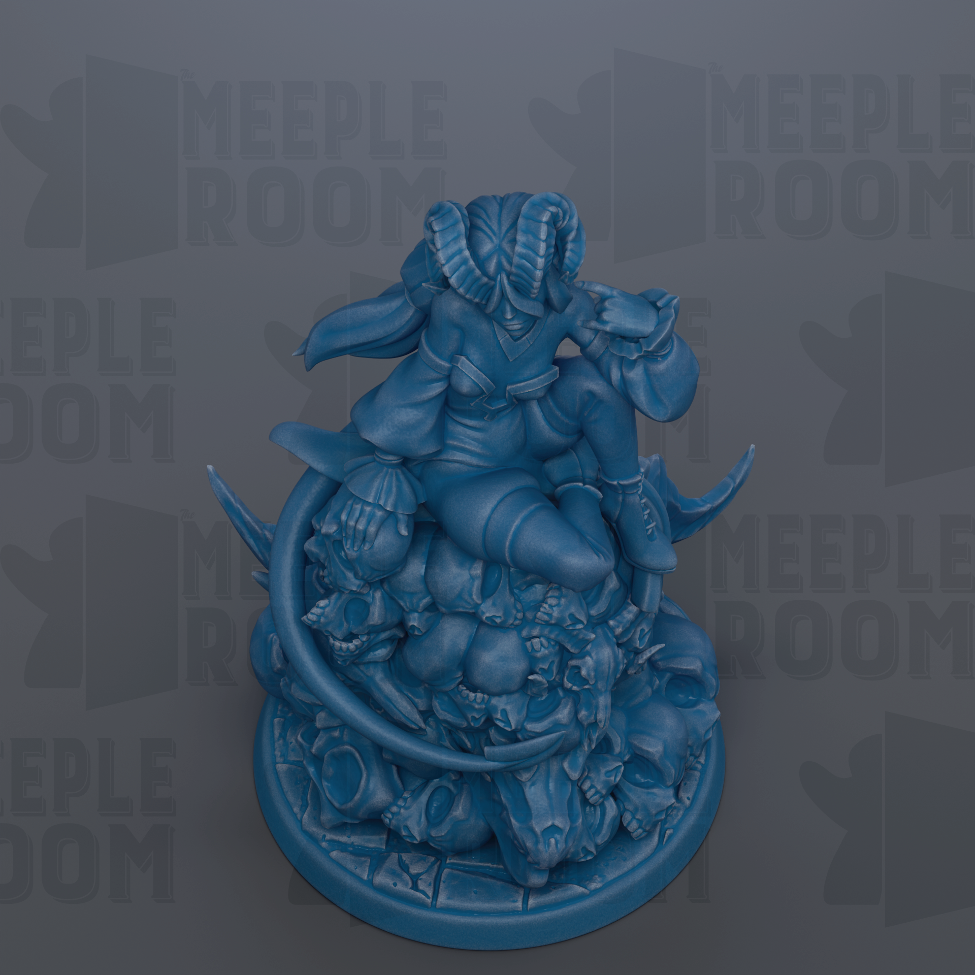 A blue figurine of a character with horns and a flowing robe, sitting on a pile of skulls and bones, against a dark background with repeated text.