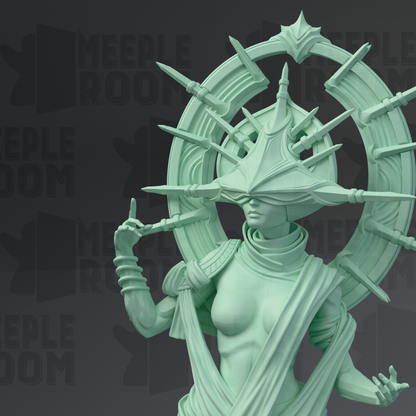 A statue of a woman with a crown-like headdress and a flowing robe, holding a staff, against a dark background with the text "MEEPLE ROOM" repeated multiple times.