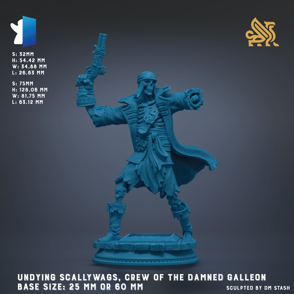 The image is a 3D model of a character from the video game "undying scallywags, crew of the damned galleon". The character is depicted in a dynamic pose, holding a gun and standing on a platform. The image is described as a "base size: 25 mm or 60 mm" and is labeled as "scallywag".