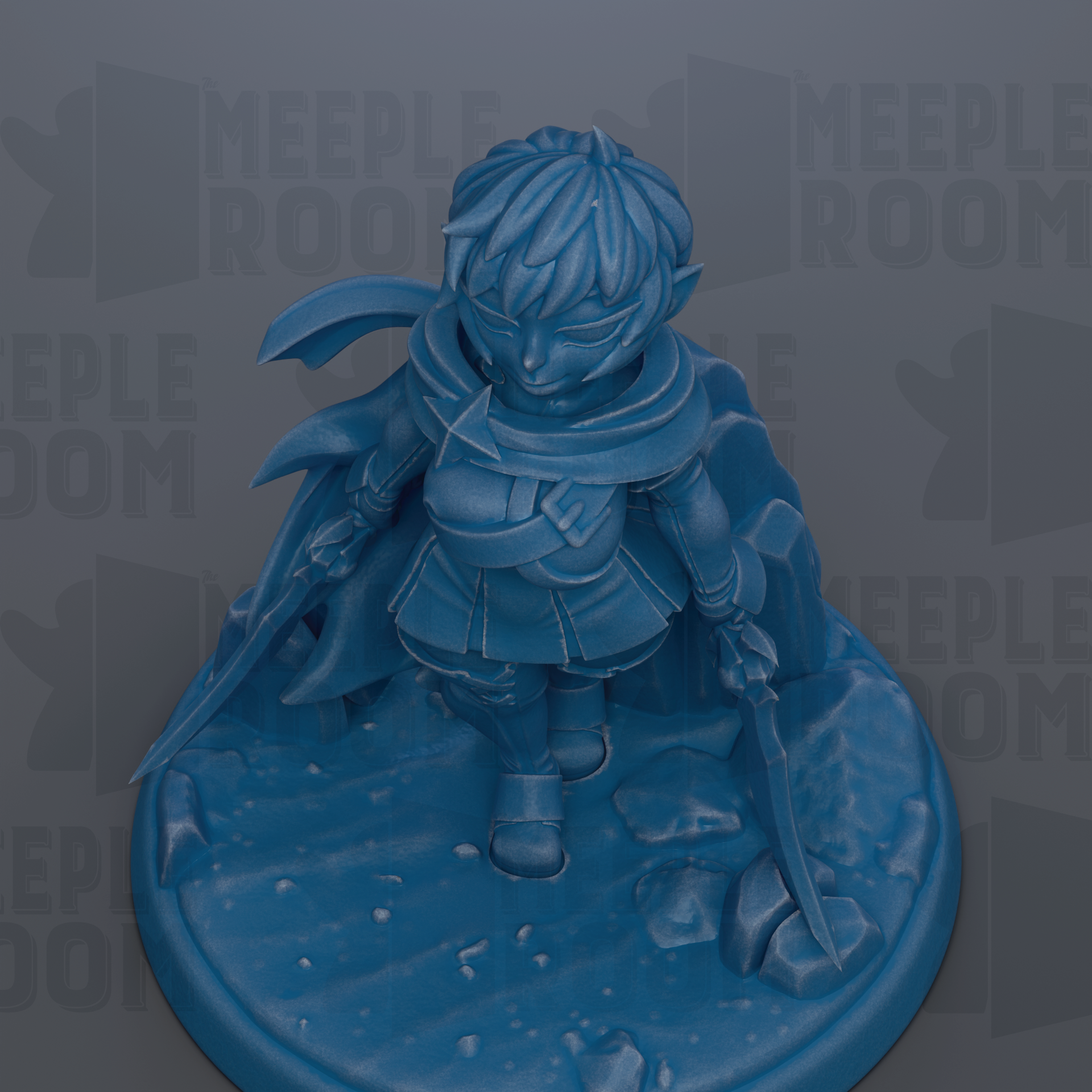 A 3D rendering of a blue figurine with a flowing cape and holding a sword, set against a dark background with repeated text.