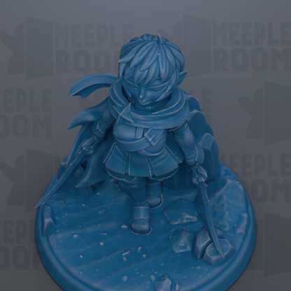 A 3D rendering of a blue figurine with a flowing cape and holding a sword, set against a dark background with repeated text.