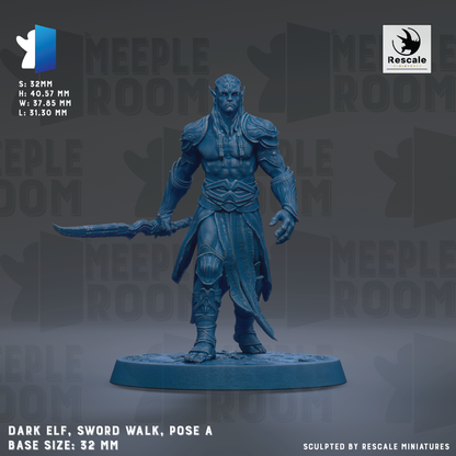 a dark elf statue holding a sword, standing on a base. The statue is described as a "base size: 32mm" and is "sculpted by Rescue miniatures".