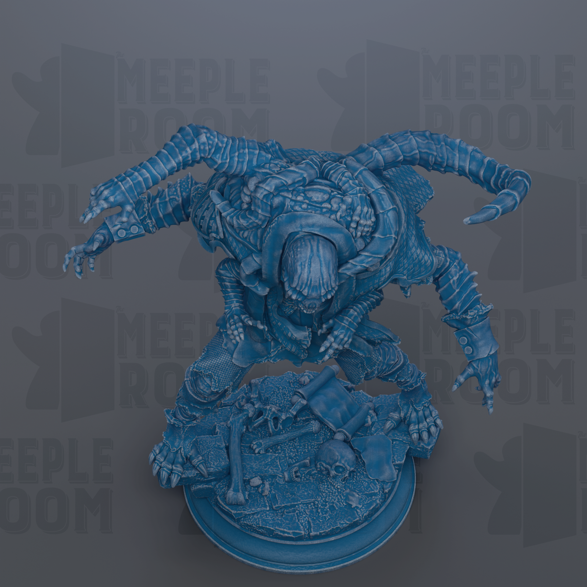 A 3D rendering of a blue, mechanical creature with multiple arms and legs, standing on a base.