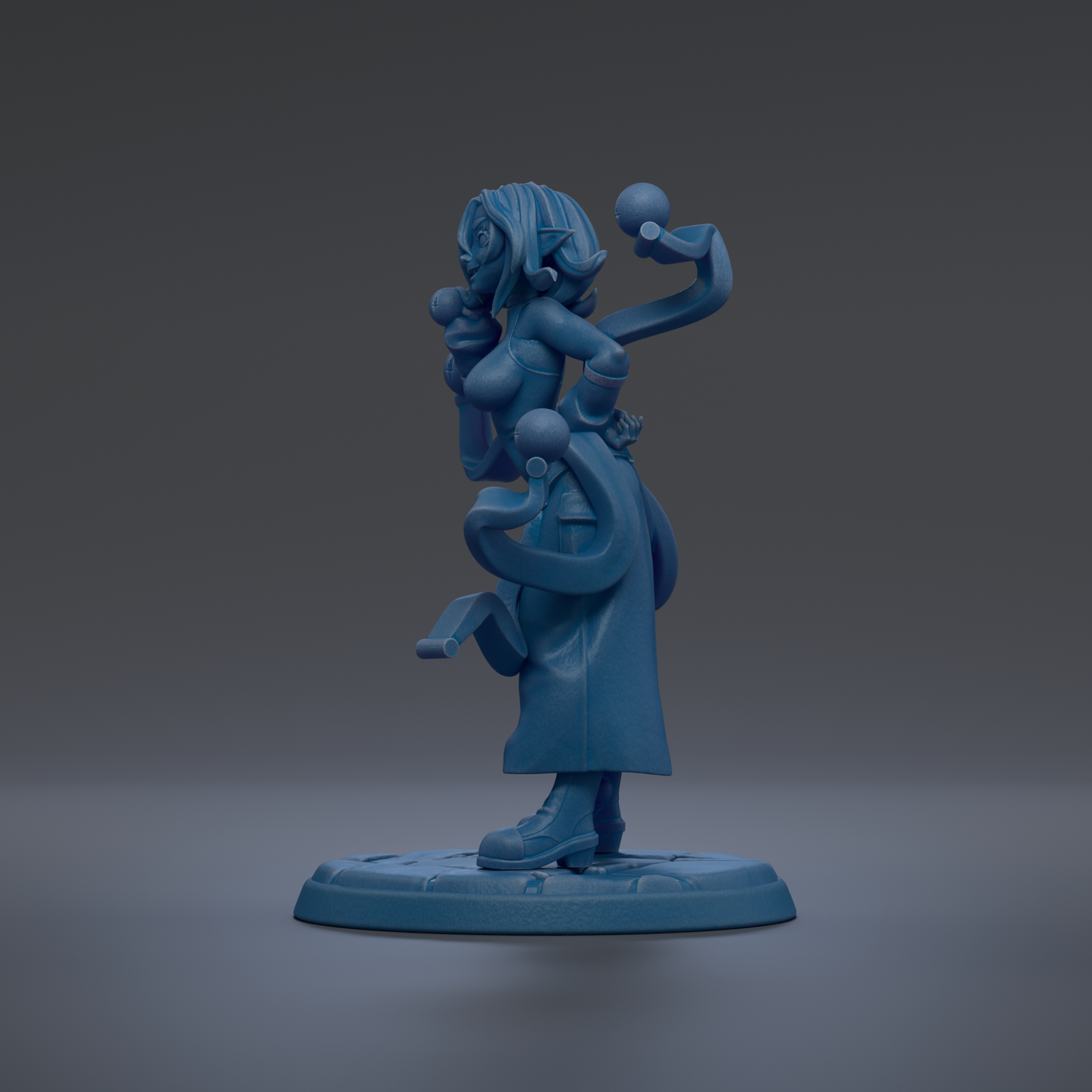 A blue figurine of a woman with a unique, abstract design stands on a base against a dark background.