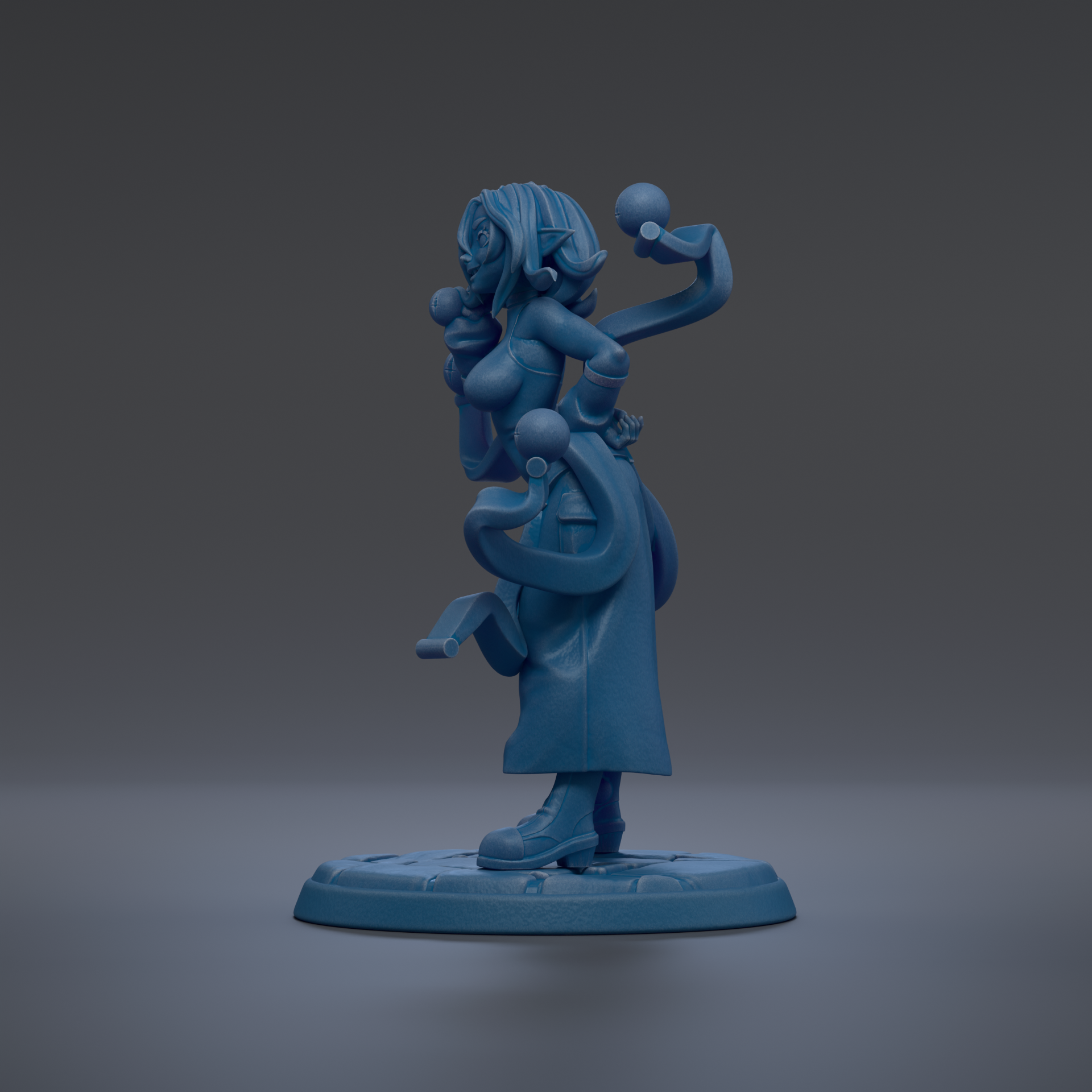 A blue figurine of a woman with a unique, abstract design stands on a base against a dark background.