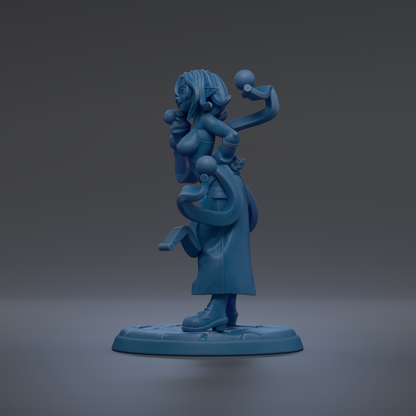 A blue figurine of a woman with a unique, abstract design stands on a base against a dark background.