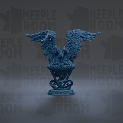 A blue, winged statue stands prominently against a dark background, with the repeated text "MEIPLE ROOM" visible in the image.