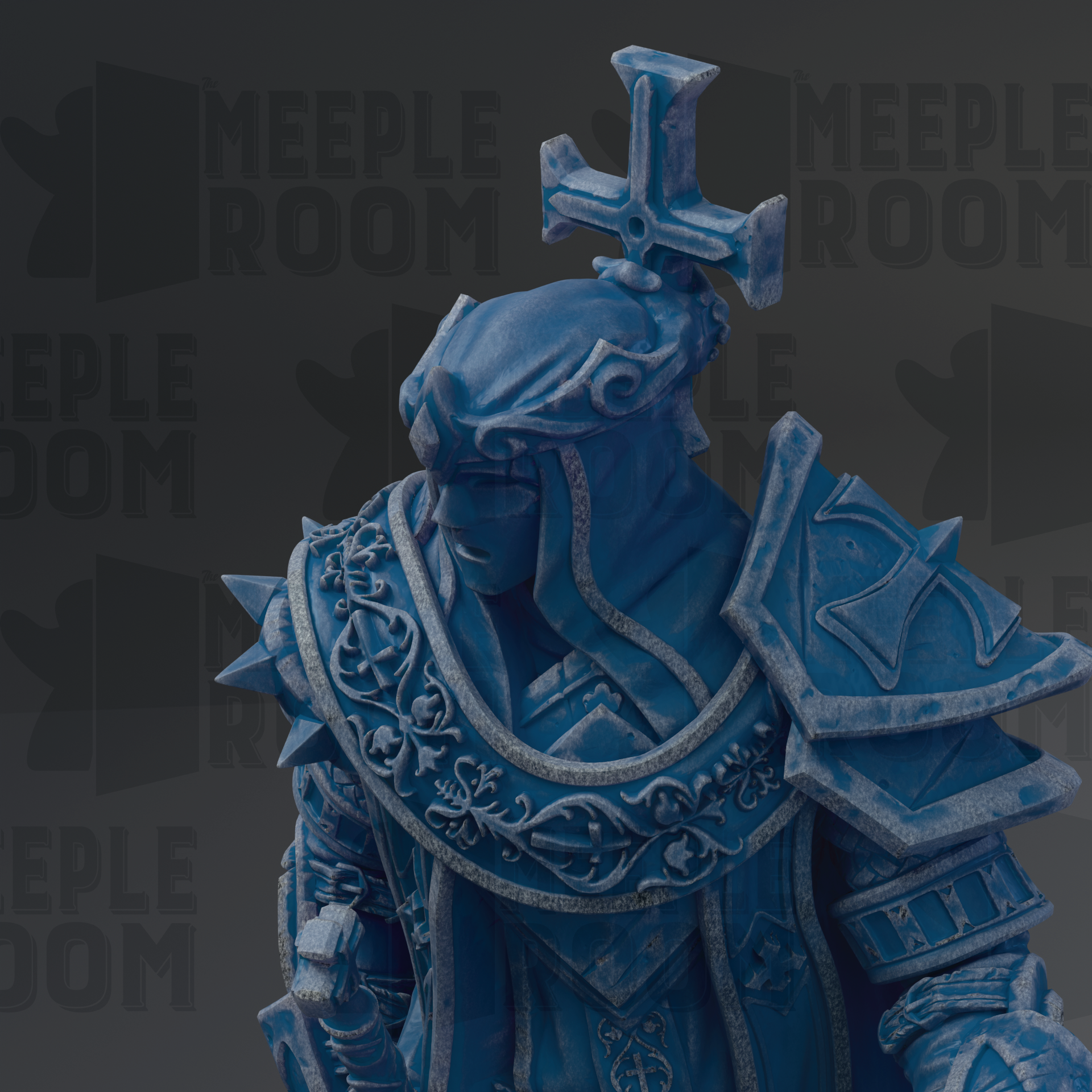 A blue statue of a knight with a cross on his head, wearing ornate armor and holding a sword.